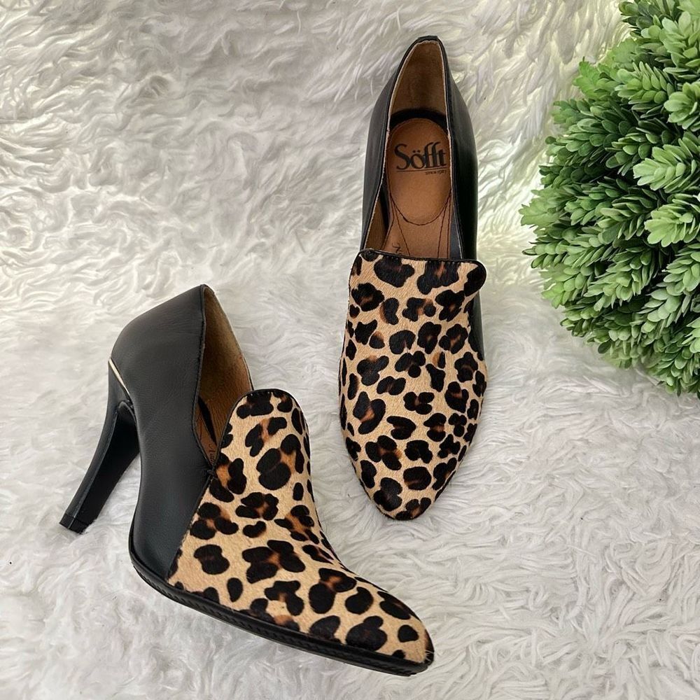 SOFFT Mina Black Leather Leopard Print Slip On Pumps size 8